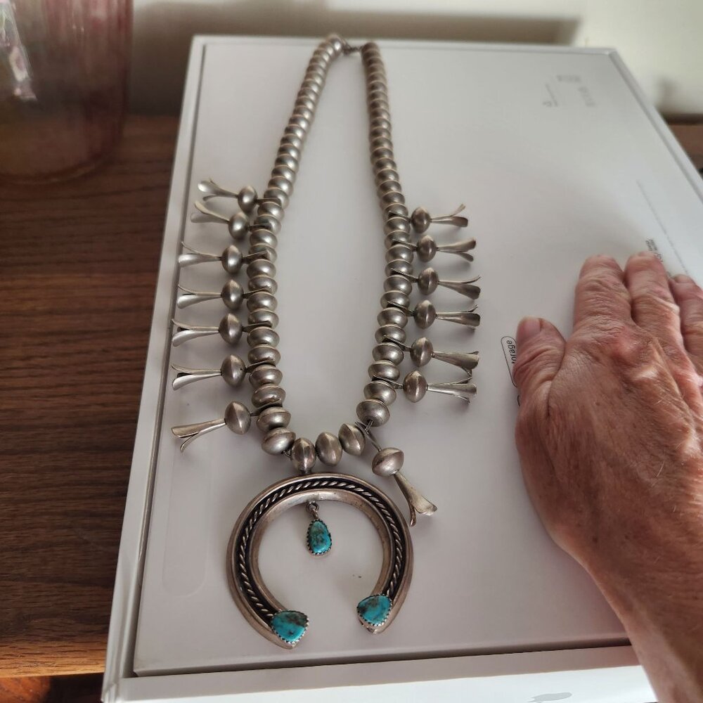 Vintage Navajo Squash Blossom Necklace With Turquoise Stones & Sterling Silver B